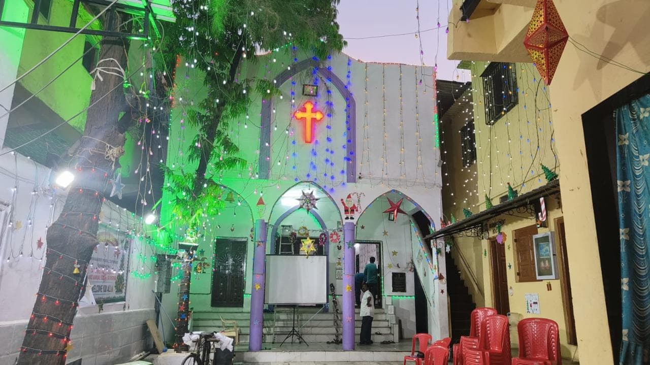 All Saints’ Tamil Church exterior at night